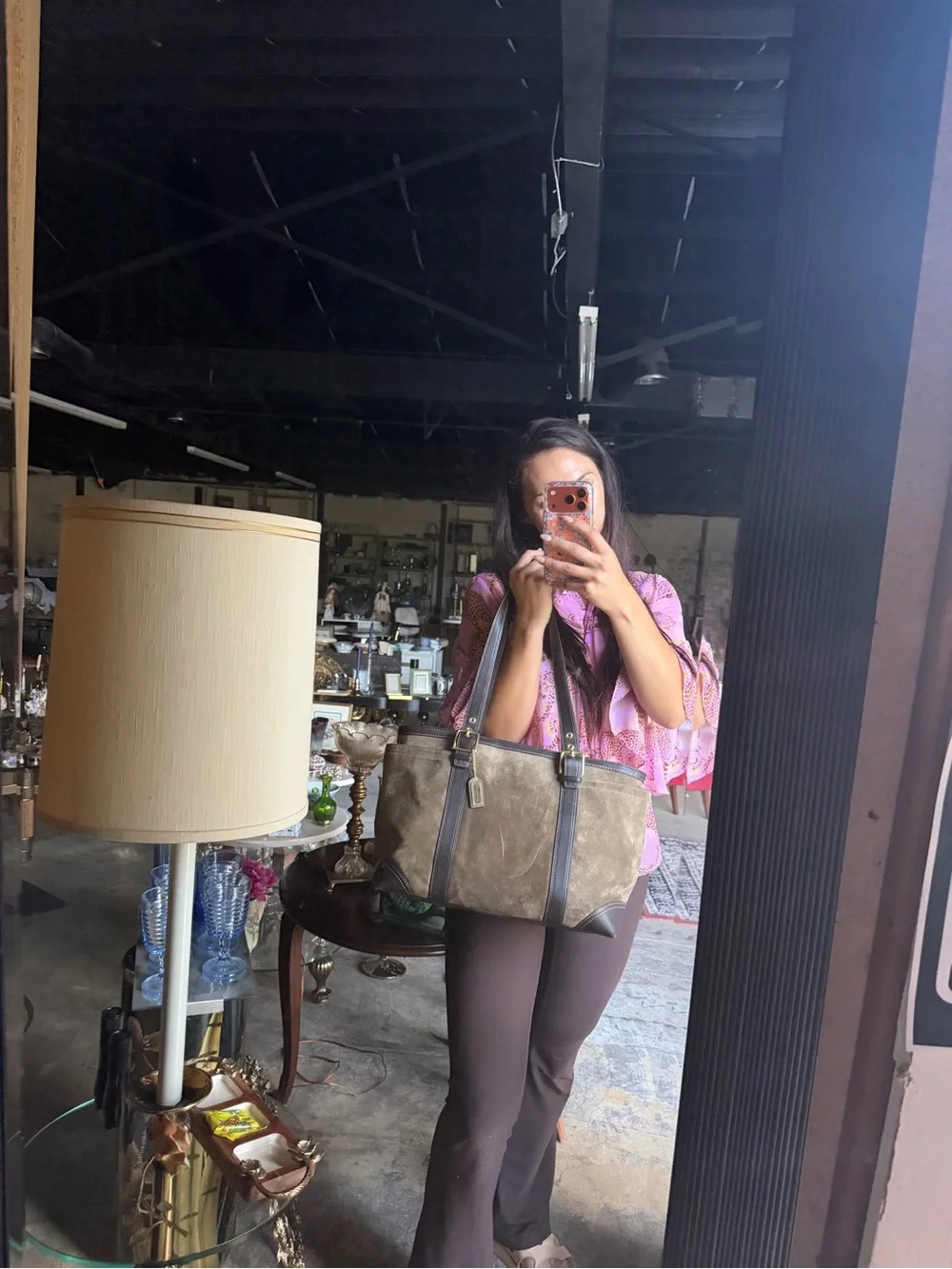 vintage Coach Carly taupe suede and leather shoulder tote featuring dark brown l